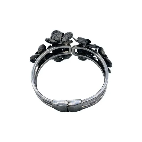 Vintage Sterling Silver .950 Pearl Flower Cuff Bangle Bracelet